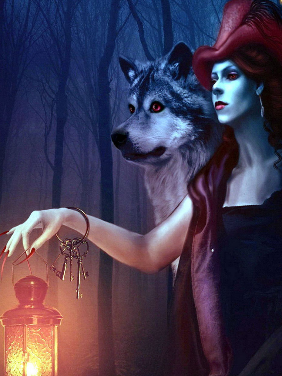 Скачать картинку Женщина, волк и фонарь