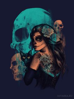 Женщина с черным котом и черепа