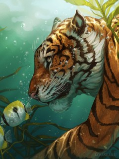Тигр под водой с рыбками