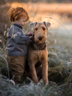 Мальчик с собакой у пруда