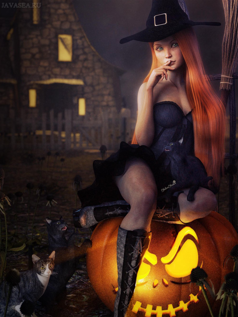Красивая молодая негритянка Кира Ноир мастурбирует в образе ведьмы на Хэллоуин