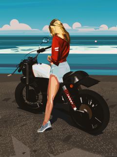 Арт. Девушка на мотоцикле у моря