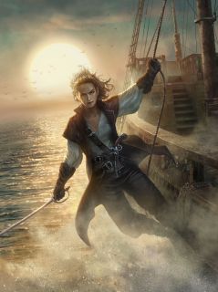 Пиратка на корабле, на закате