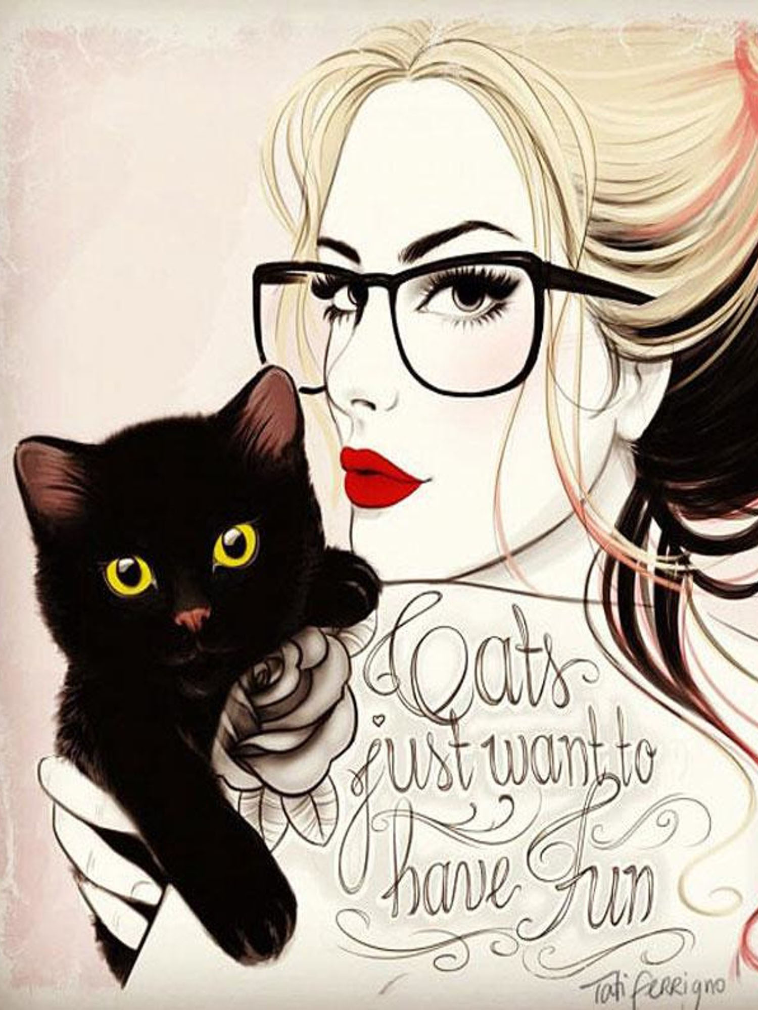 Блондинка с черным котёнком (рисунок)