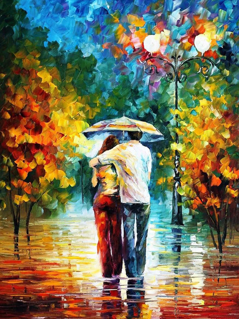 Осенний парк, влюбленные под зонтом
