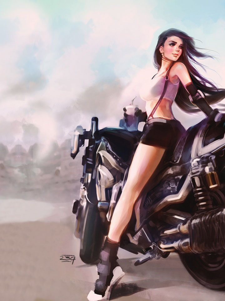 Девушка с кофе на большем мотоцикле