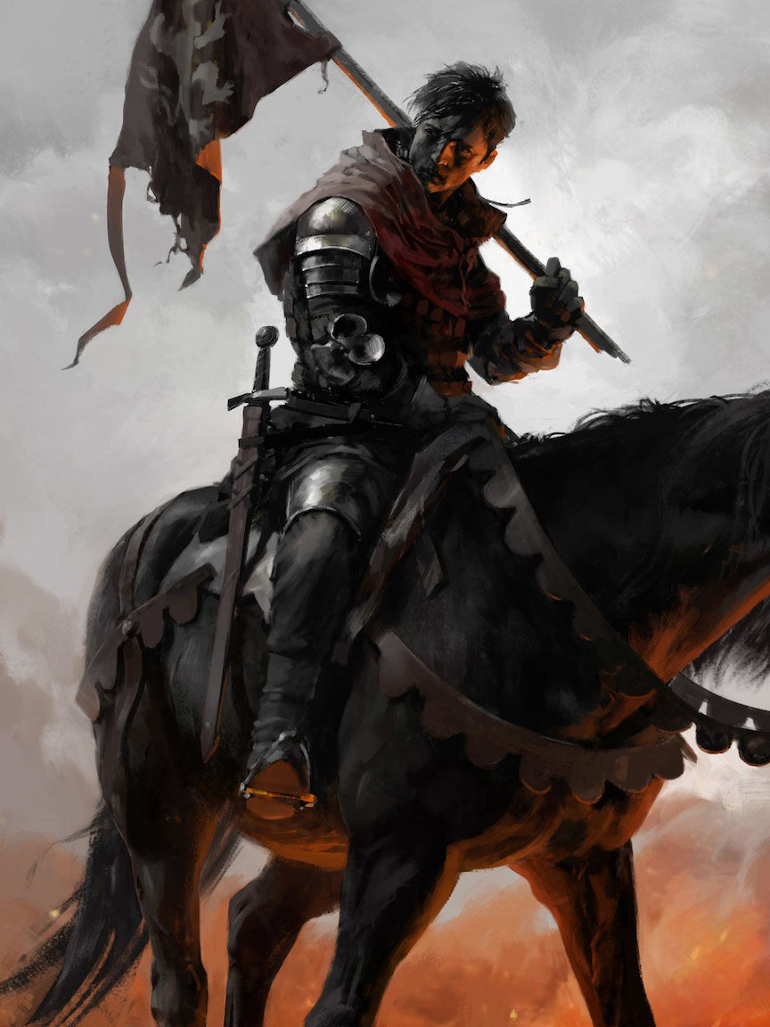 Рыцарь на коне с потрепанным знаменем