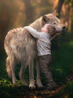Мальчик обнимает большого волка