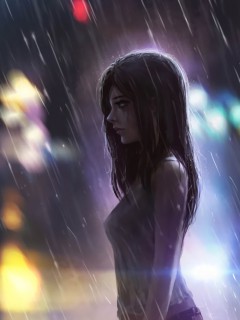 Печальная девушка посреди дождливого города