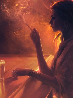 Курящая девушка у барной стойки