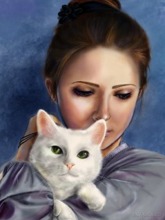Печальная девушка с кошкой на руках