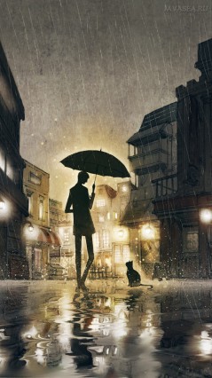 Силуэт парня и кота в дождливом городе