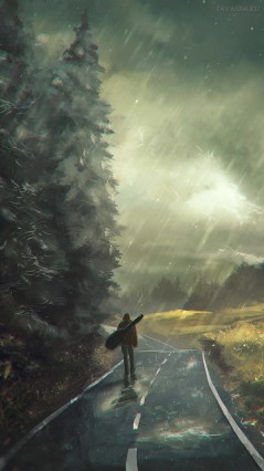 Музыкант на дороге в дождь