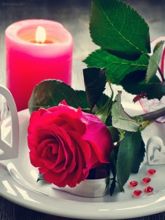 Свеча и роза на тарелке