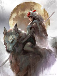 Воительница на волке на фоне Луны