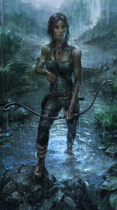 Лара Крофт с луком в дождь