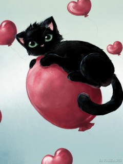 Черный котёнок и сердечки