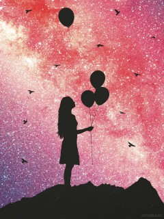 Силуэт девочки с шарами на фоне звездного неба