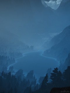 Горное озеро в тумане (вектор)