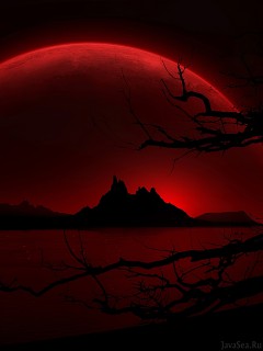 Мрачное место с огромной, красной Луной
