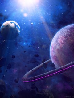 Земля и приближающийся фиолетовый Сатурн