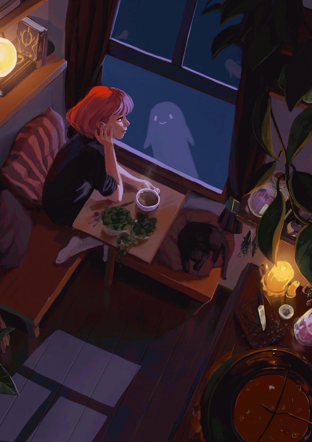 Ведьмочка и маленький призрак за окном