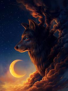 Волк, тучи и Луна в солнечных лучах