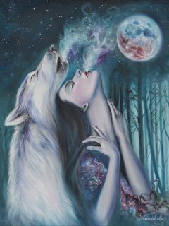 Волк  и девушка, взывающие к Луне