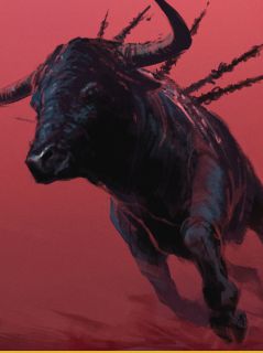 Арт. Разъяренный бык на серо-красном фоне