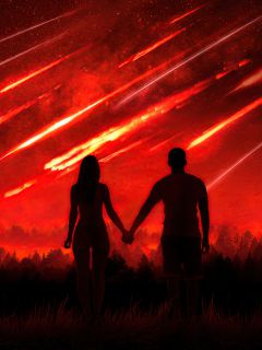 Силуэты пары и конец света (падающие метеориты)