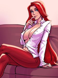 Арт. Сексуальная рыжая девушка на диване