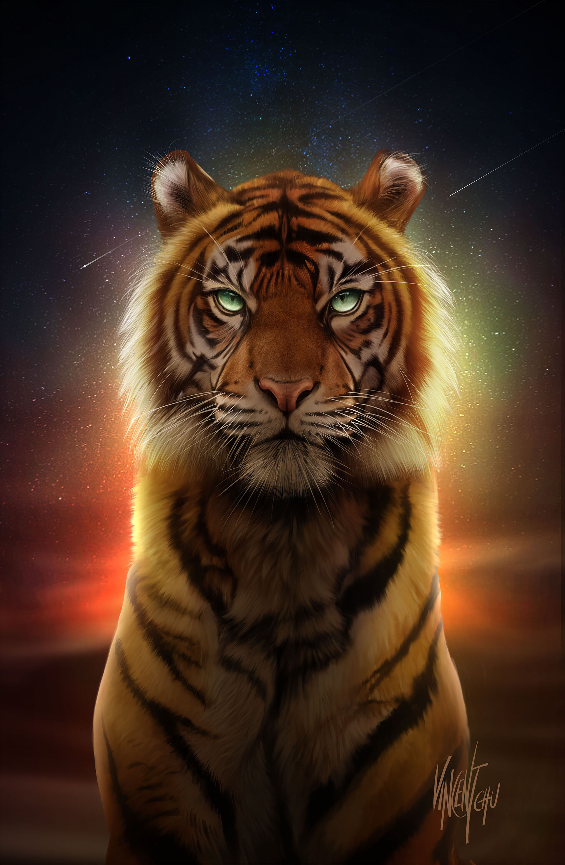 Тигр и сияющее ночное небо