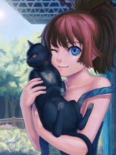 Подмигивающая девушка с котиком