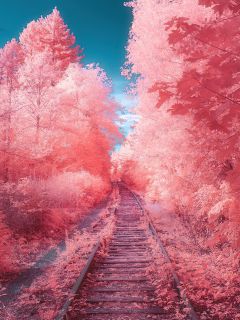 ЖД колея сквозь розовый лес