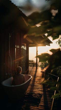 Женщина, сидящая в ванне на веранде