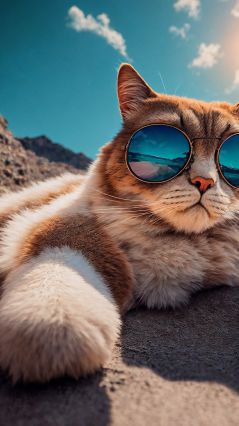 Рыжий кот на пляже в очках