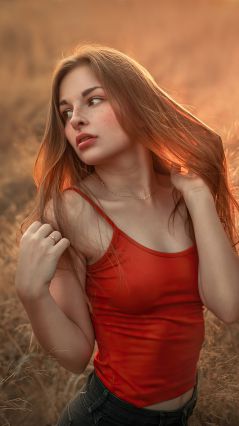 Рыжая девушка и лучи солнца в траве